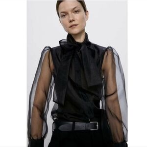 Zara Black Organza Bow Tie Button Up Blouse